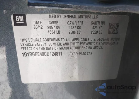 2012 Chevrolet Volt from USA, damaged, VIN 1G1RG6E49CU124811